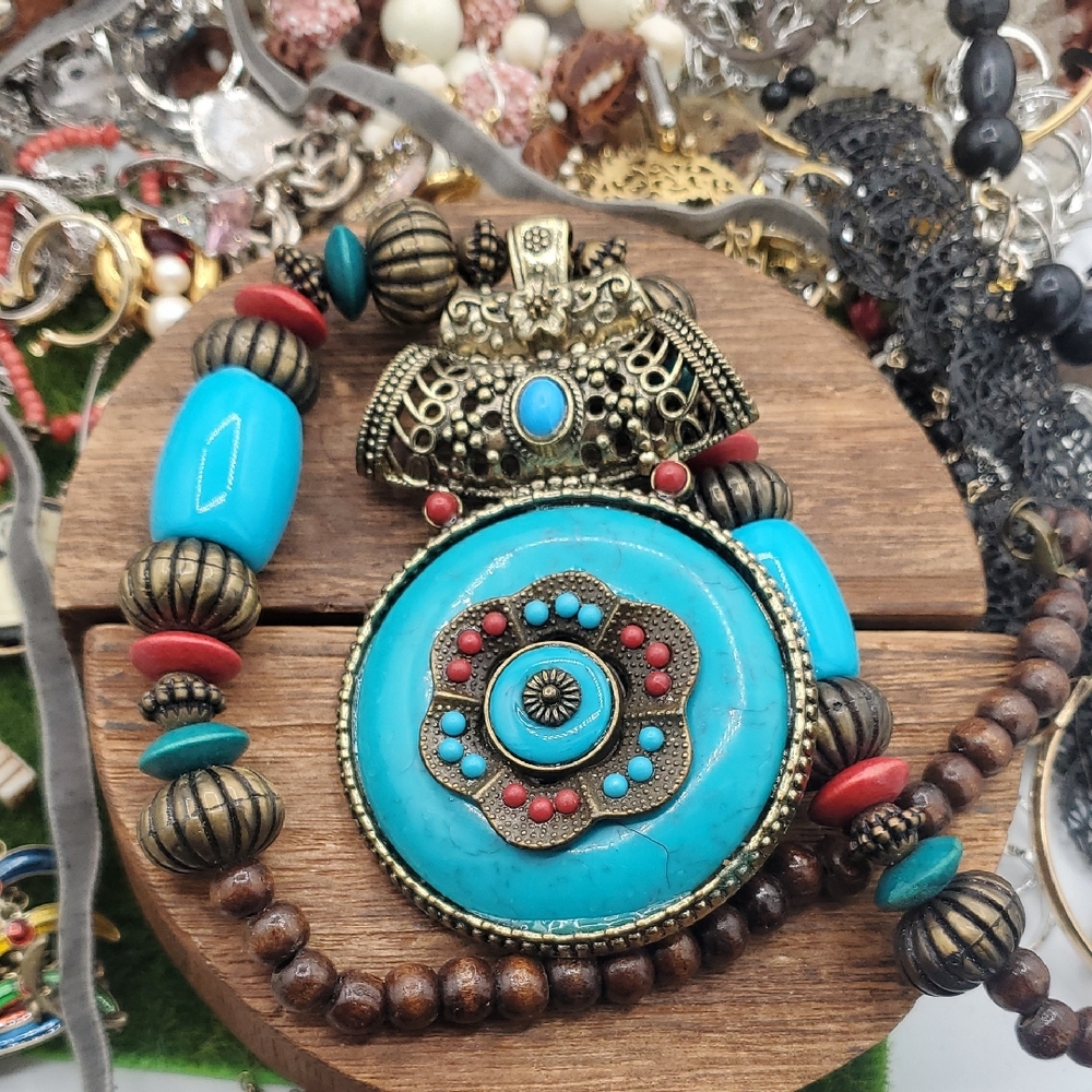 Turquoise and Bronze Statement Necklace 28 Inch Overflow